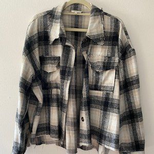 Women's Cropped Plaid Shacket - Lightweight Jacket - Black, Cream Size L - NWOT